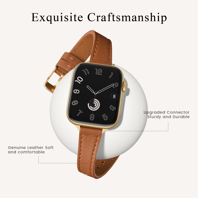 STIROLL Slim Leather Bands Compatible with Apple Watch Band 38mm 40mm 41mm 42mm(Series 11 10), Top Grain Leather Watch Thin Wristband for iWatch SE 9 8 7 6 5 4 3 2 1 (Brown Gold) - Image 2